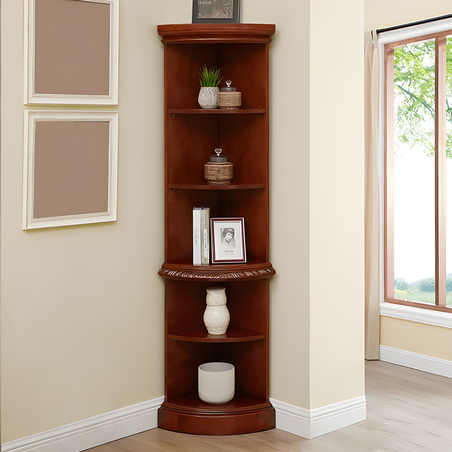 Solid Wood Triangle Corner Cabinet in Rubber Wood with Storage Shelves - image 6