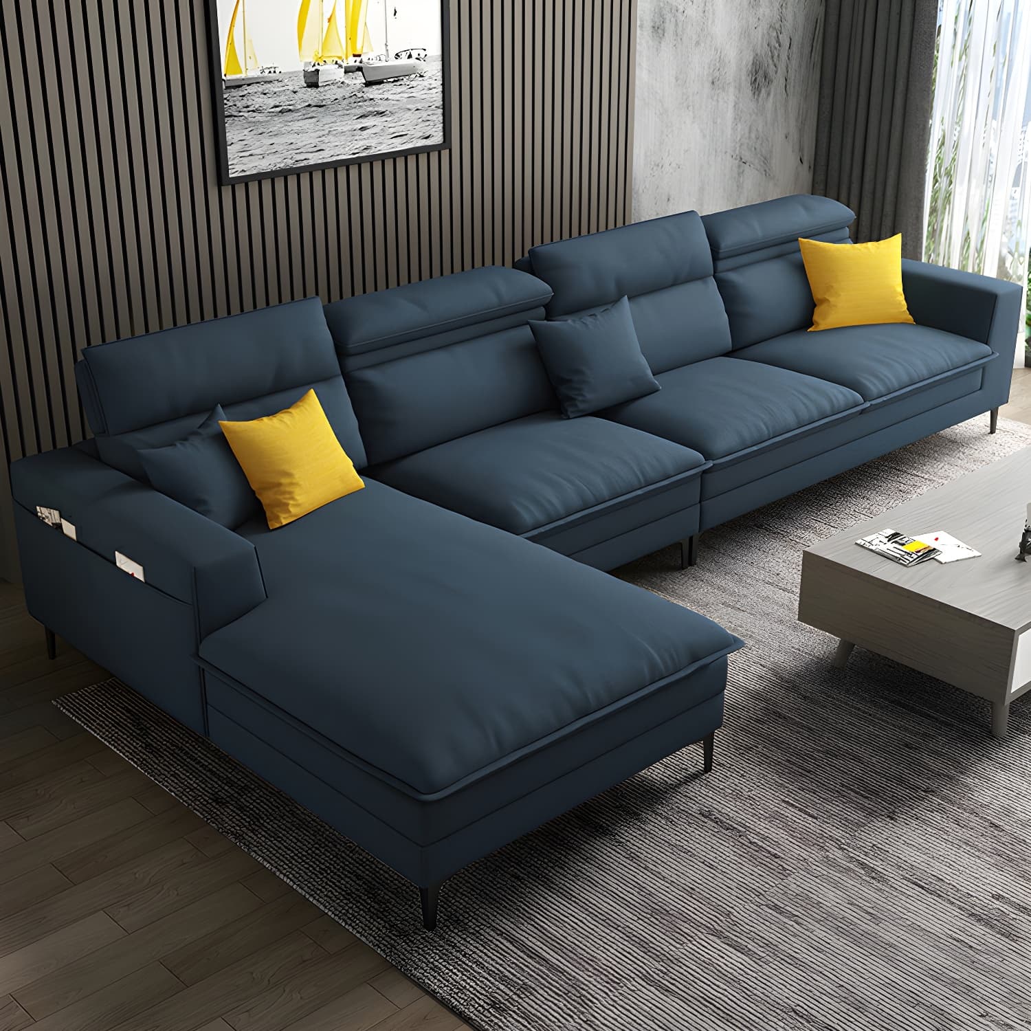 Modern Wood Frame Stationary Sectional Sofa with Black Legs and Storage in Cotton Blend Upholstery