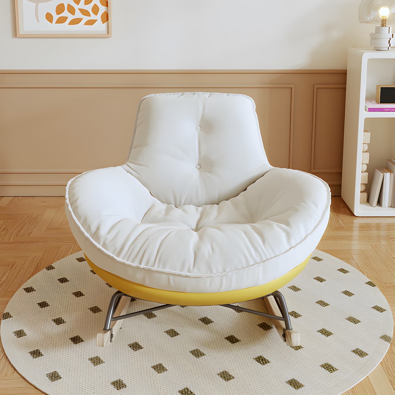 Indoor Contemporary Rocking Chair with Beige Upholstered and Wood Legs - image 7