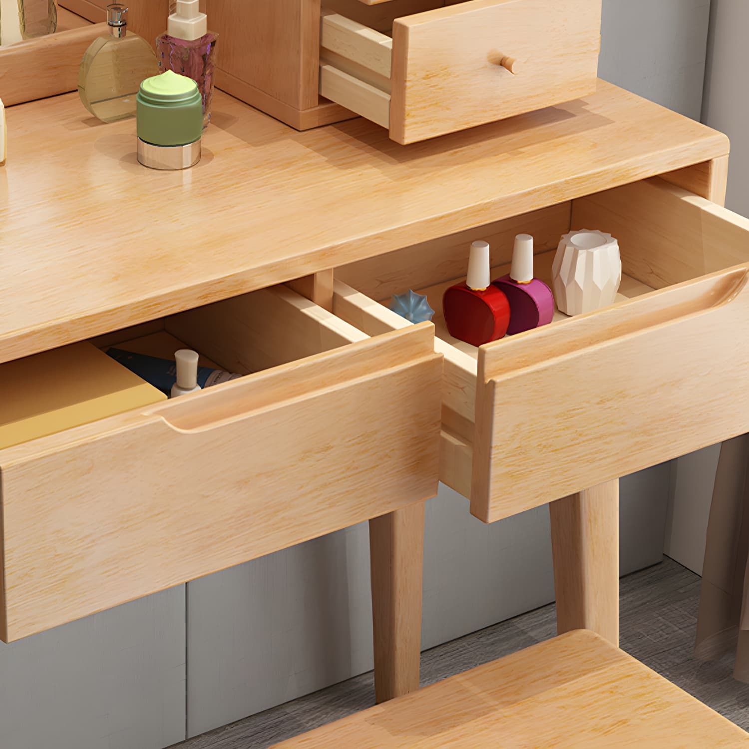 Contemporary Solid Wood Makeup Table Vanity Stool with Drawers - image 9