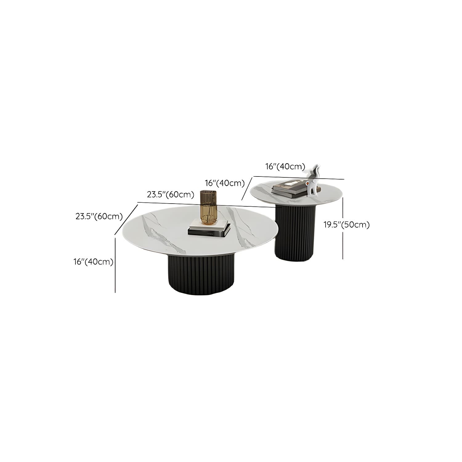 Set of Two Modern Round Black Coffee Tables with White Stone Tops and Iron Pedestal Bases - image 17