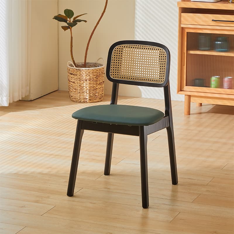 Leatherette/Wood/Rattan Entwined Balanced Armless Chair with Uncovered Back and Timber Legs in Sepia/Ink/Wood Color in a Scandinavian Style