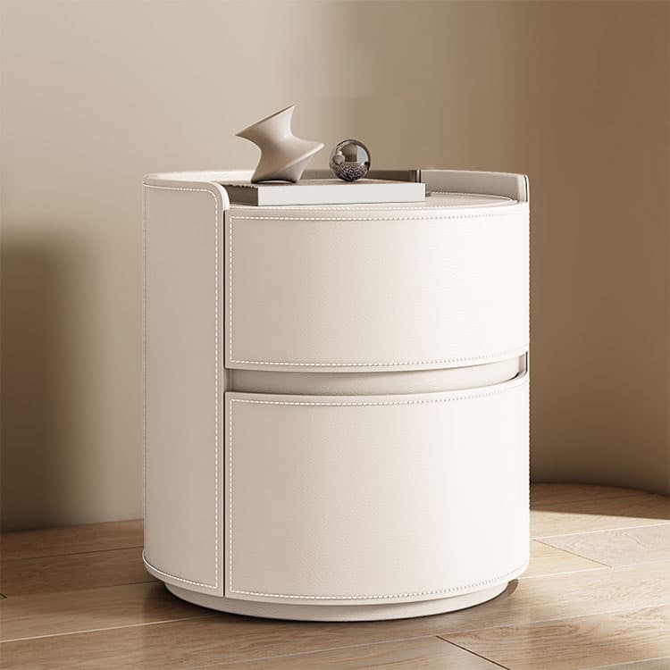 Chic Modern Round Nightstand with Light Wood Tone Faux Leather and Numerate Two Drawer Storage - image 9