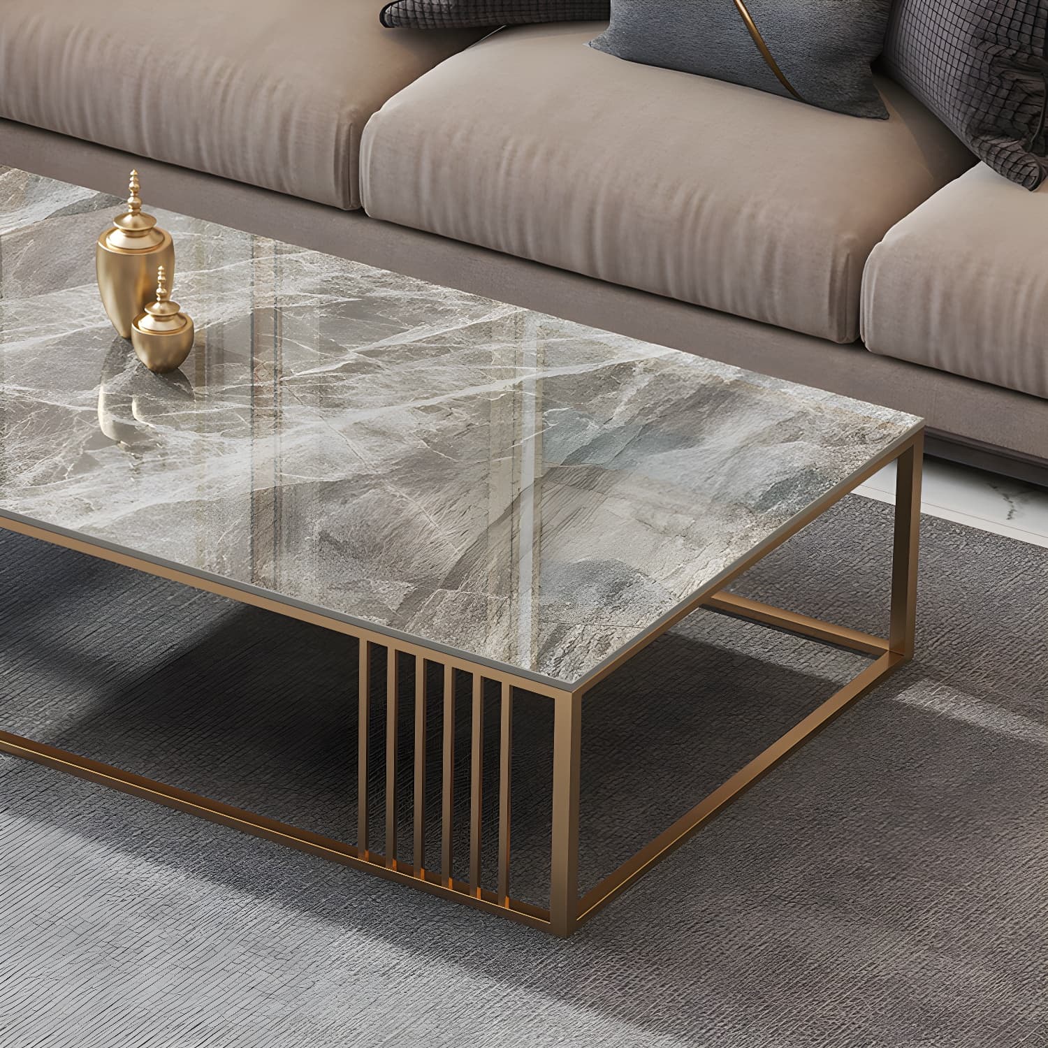 Glam Style Gold Iron Frame Coffee Table Gray Slate Table Top Coffee - image 7