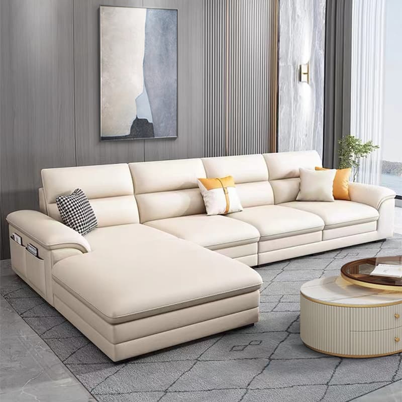 Modern Wood Frame White Sectional Sofa with Cushion Back and Storage Included