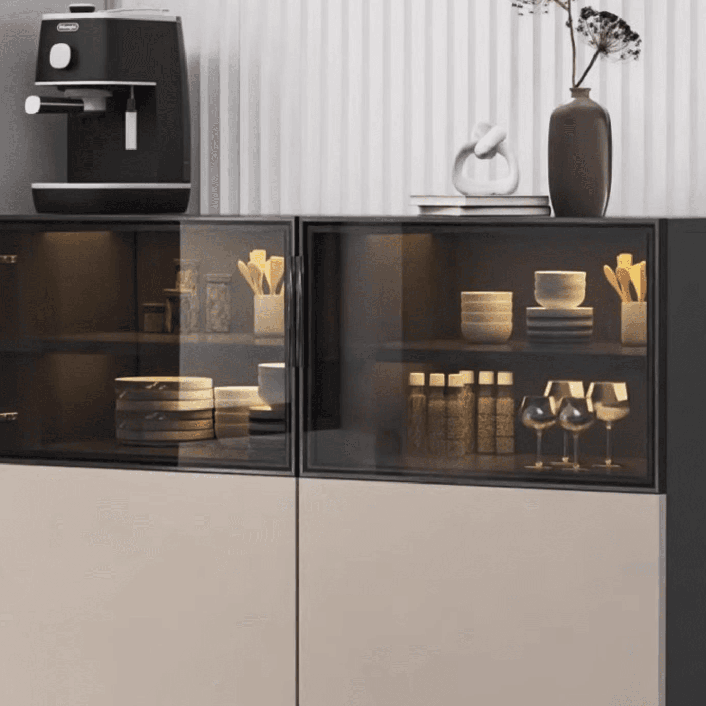 Simplistic Manufactured Wood Narrow/Standard Server/Sideboard with Cupboard, Five Internal Shelves/Six Internal Shelves, Pantry Hutch, Glass Doors - image 6