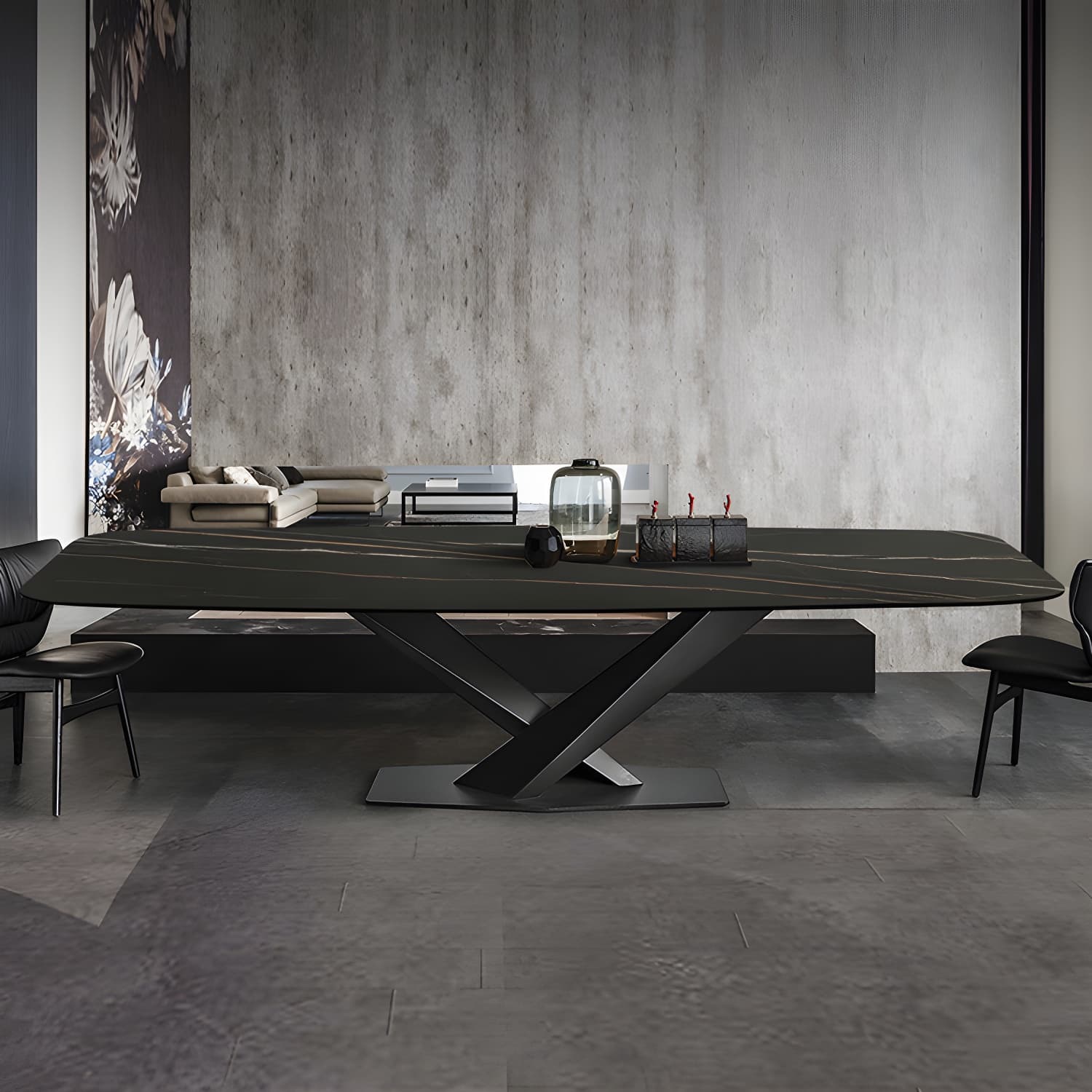 Sintered Stone Rectangle Dining Table Industrial Black Kitchen Table with Pedestal Base