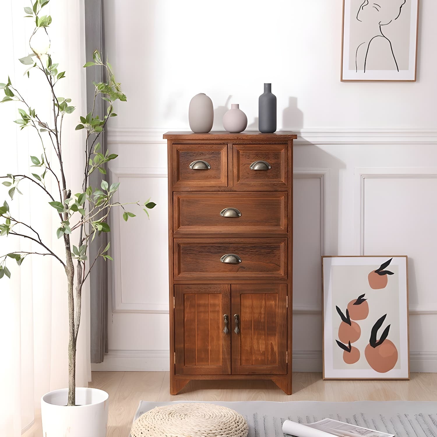 Rectangle Mid Century Modern Solid Wood Accent Cabinet with 1 Cabinet and Drawers
