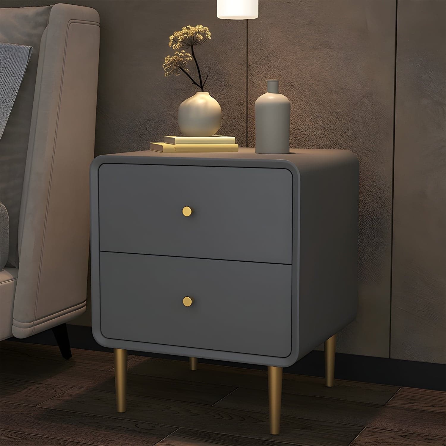 Glam Pine Wood Nightstand with Leather Countertop and 2 Drawers - Small Size - image 5