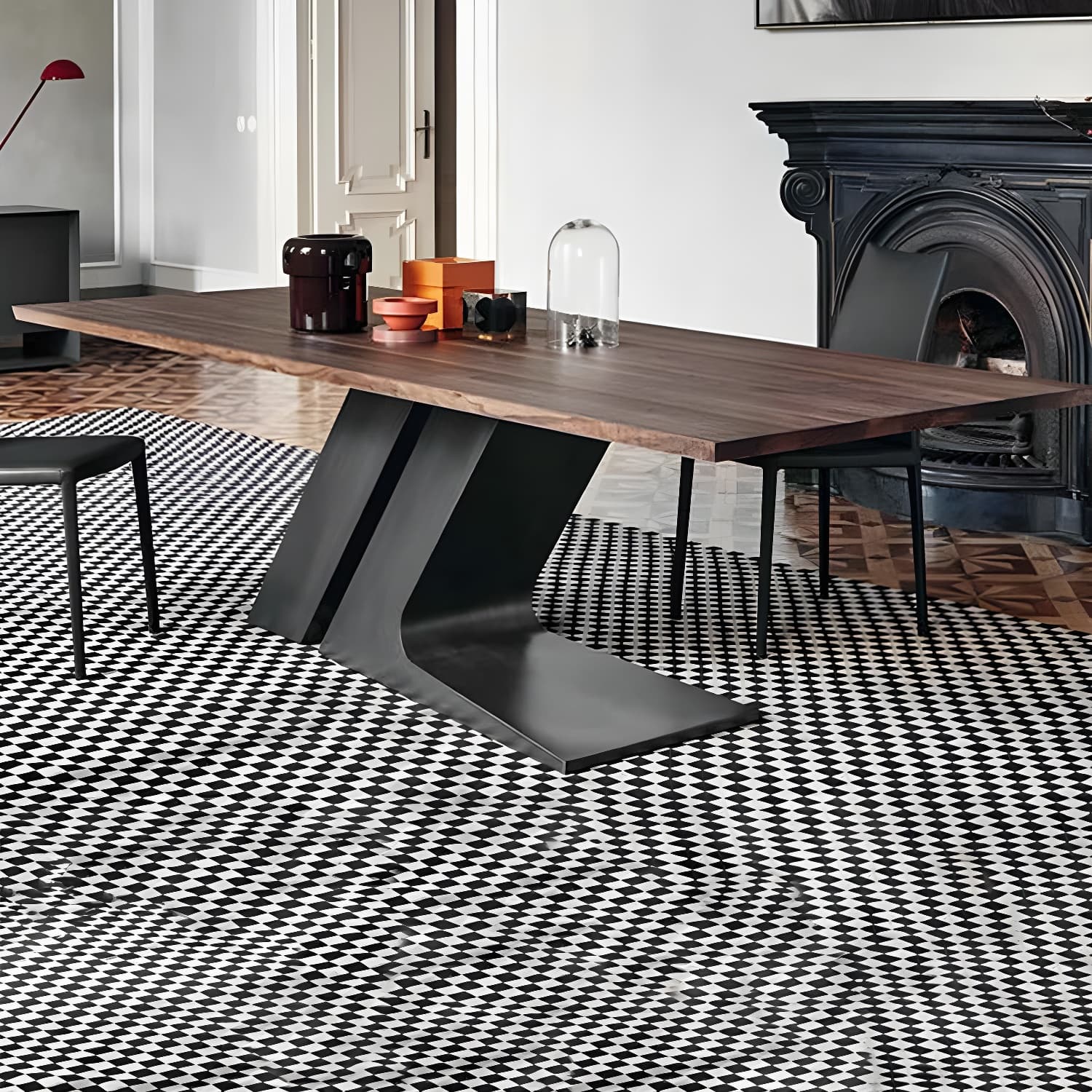 Modern Black Rectangle Wood Top Kitchen & Dining Table with Pedestal Base in Iron - image 5