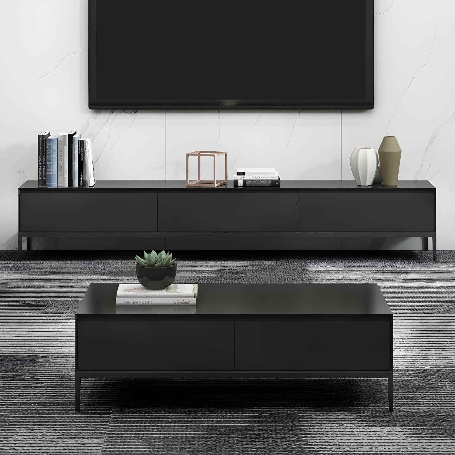 Contemporary Style TV Stand Stone and Engineered Wood TV Cabinet