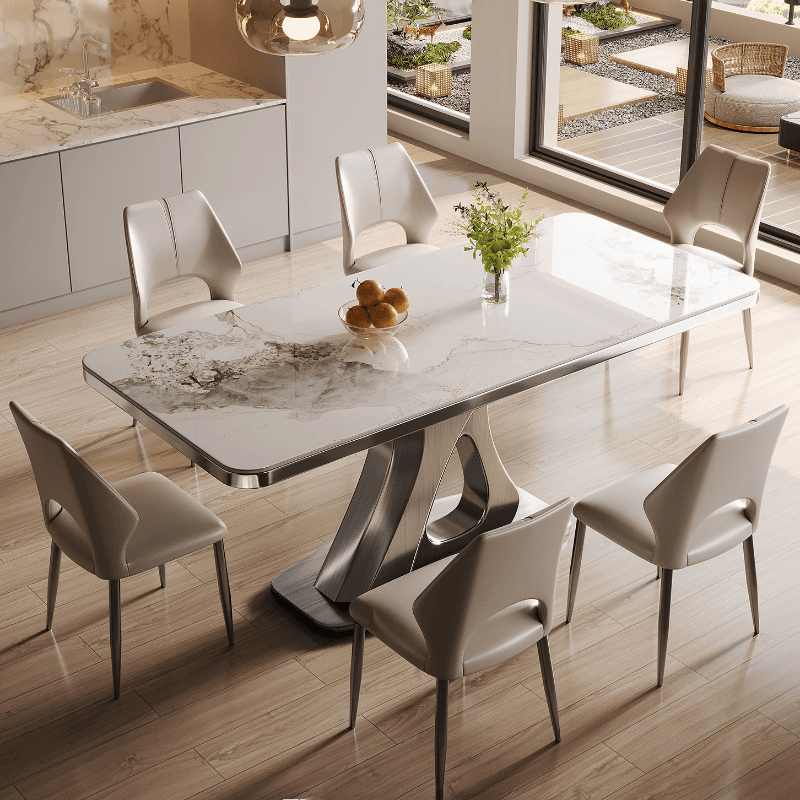 Dining Table Set with Slate Stone Top, Stump Base, Fixed Table, Padded Chair with Back in White - image 5