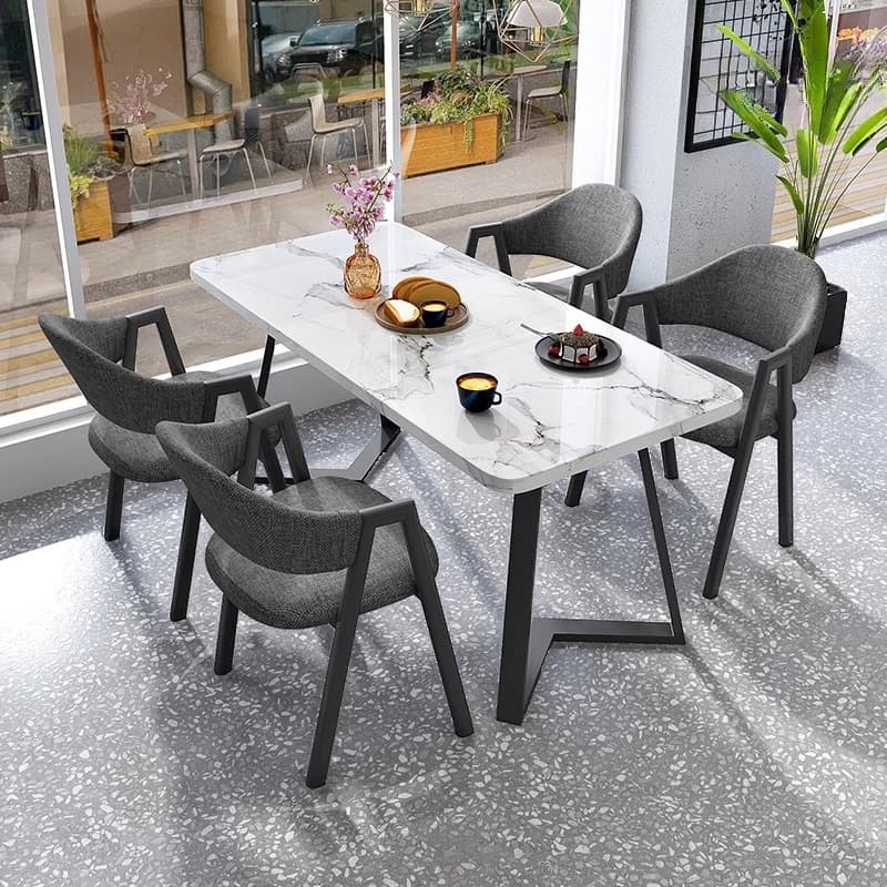 Dining Table Set with Sleighing Slate Top and Padded Chair with Back and Armrest, 5-piece in White