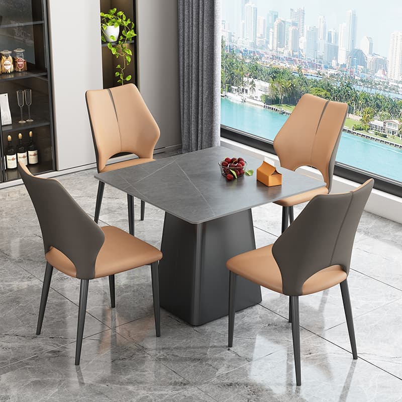 5-piece Square Slate Dining Table Set with Stump Base, Upholstered Back, Padded Chair for 4 People