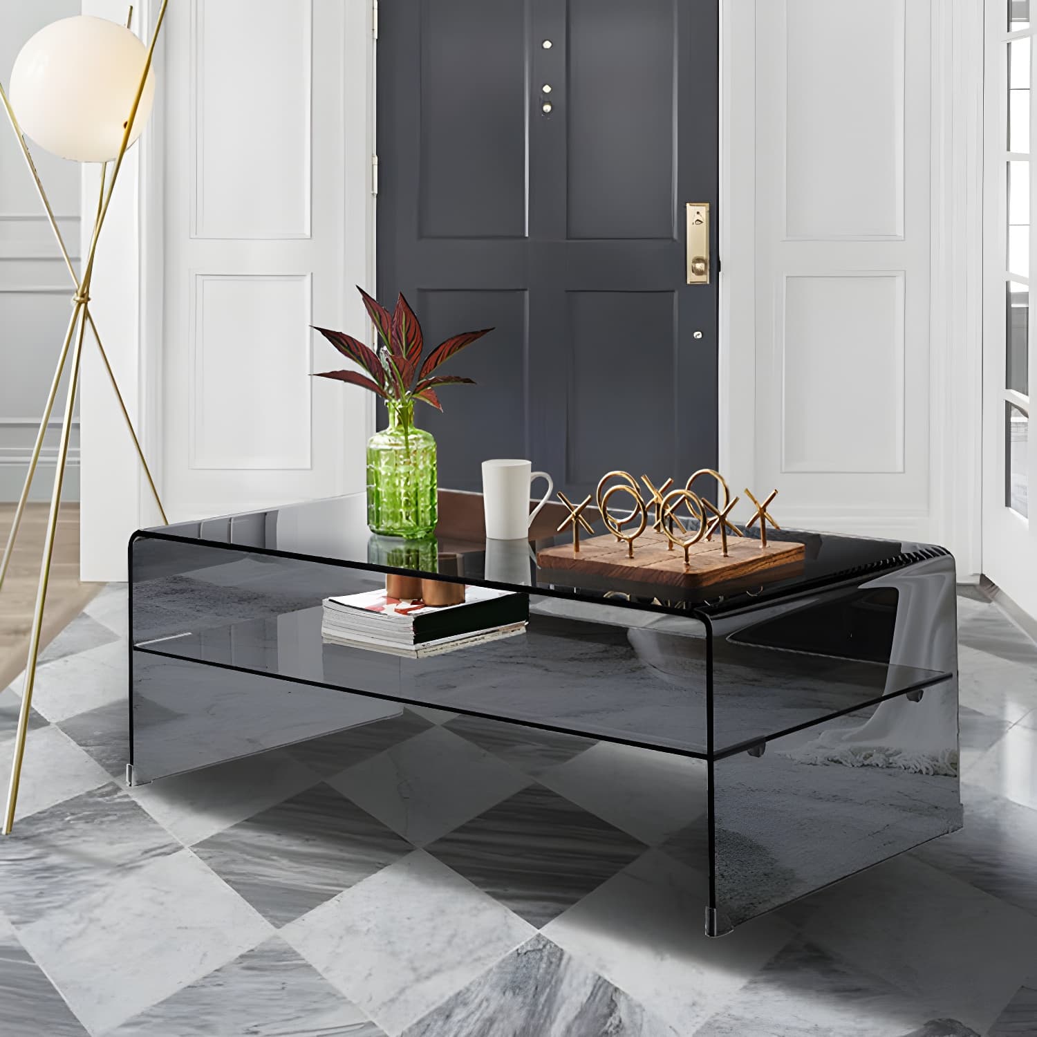Modern Rectangle Glass Coffee Table Sled Base Cocktail Table with Shelf - image 3
