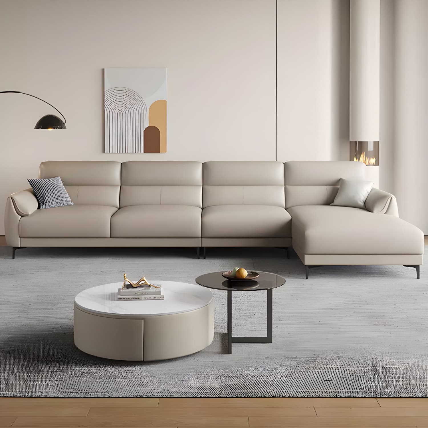 Modern Beige Leather Stationary Sectional Sofa with Pine Wood Frame