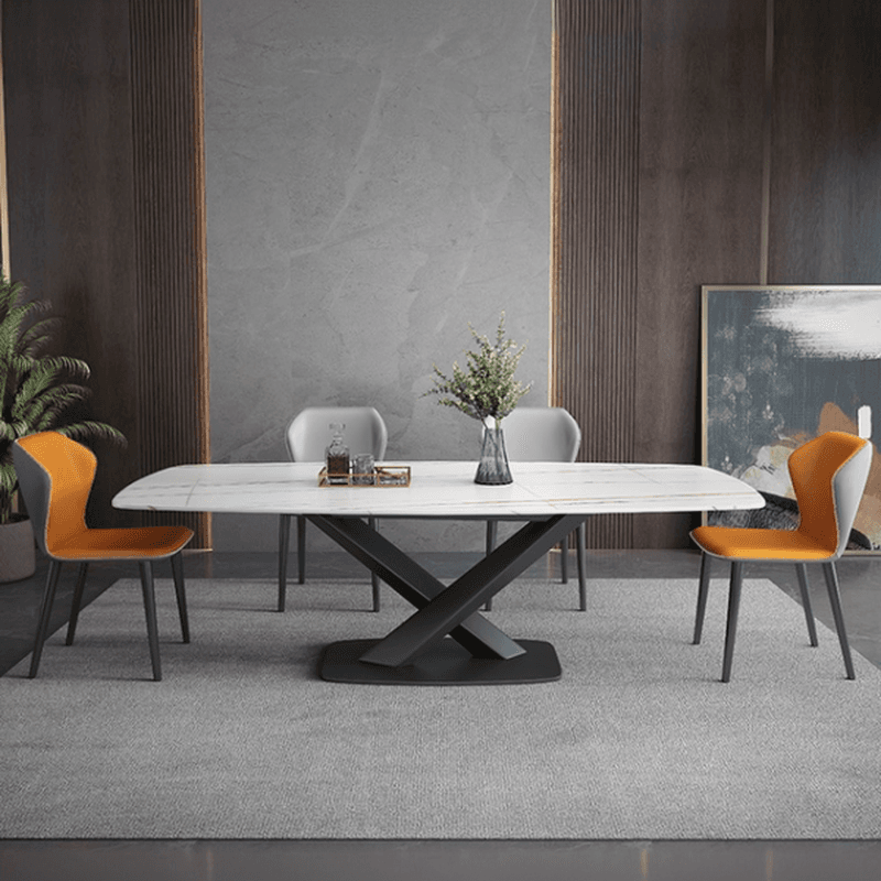Rectangular Slate Stone Dining Table Set with Stump Base, Padded Chair, and Back in White