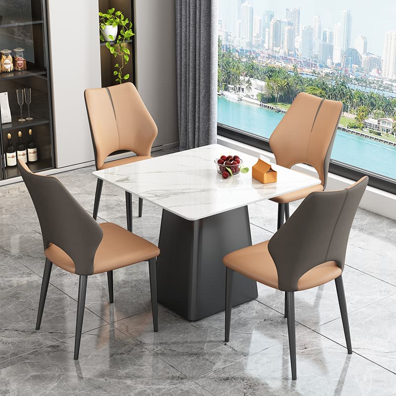 5-piece Square Slate Dining Table Set with Stump Base, Upholstered Back, Padded Chair for 4 People