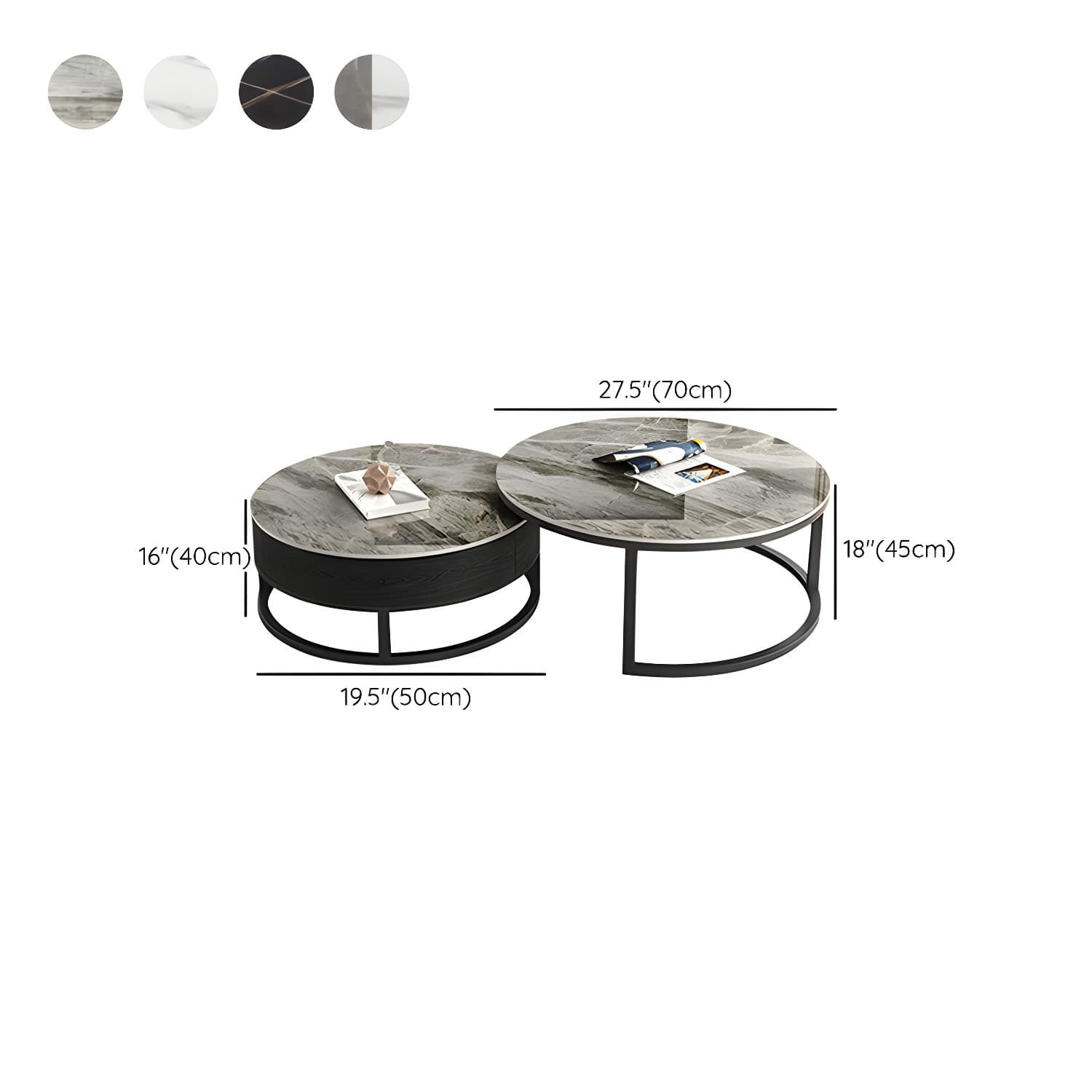 Set of 2 Round Stone Top Modern Nesting Tables with Black Metal Frames and Drawers Included - image 14