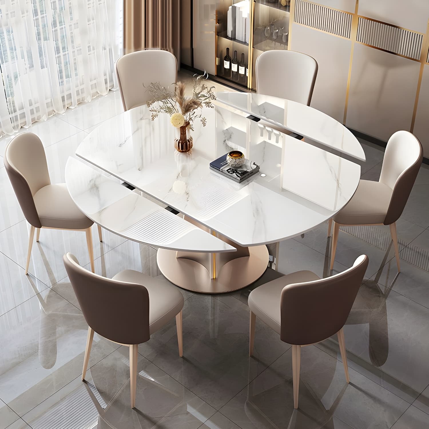 Glam Round Dining Set with Gold Pedestal Base and Self-Storing Leaf - Extension Feature