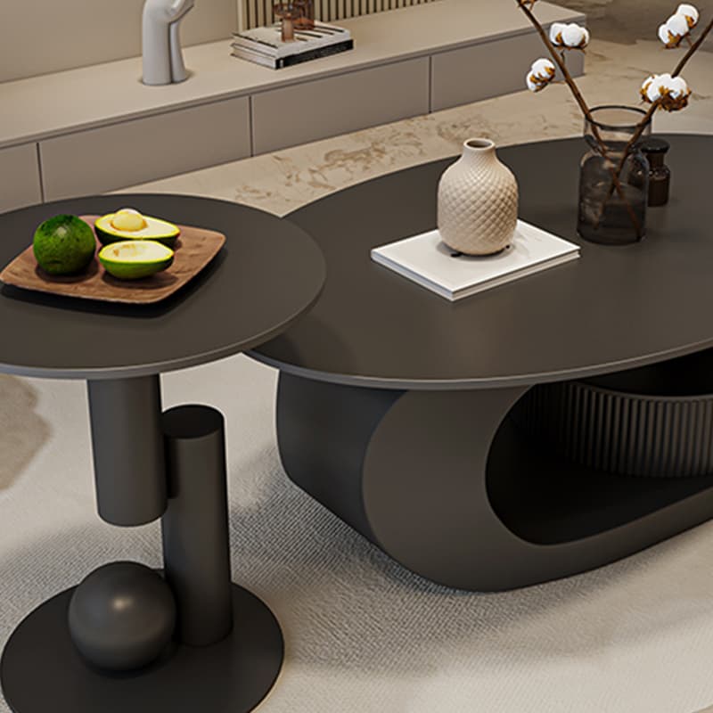 Modern Oval Stone Top Coffee Table, Abstract Iron Base, Scratch Resistant - image 13