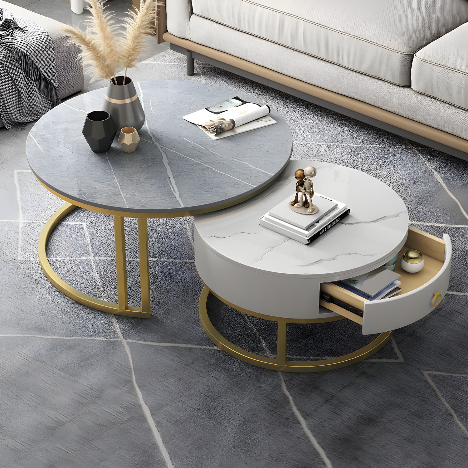Contemporary Nesting Coffee Table Set Stone Frame Coffee Table Set - image 14
