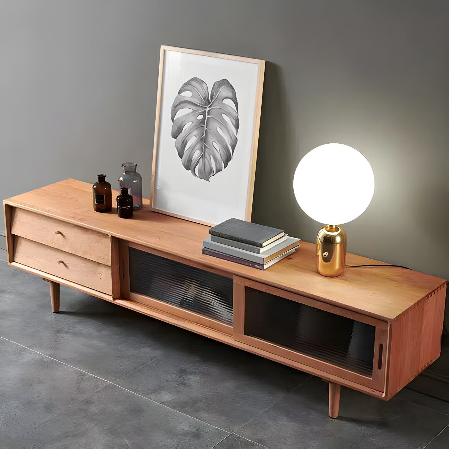 Industrial TV Media Stand Solid Wood 2 Drawers Stand Console - image 3