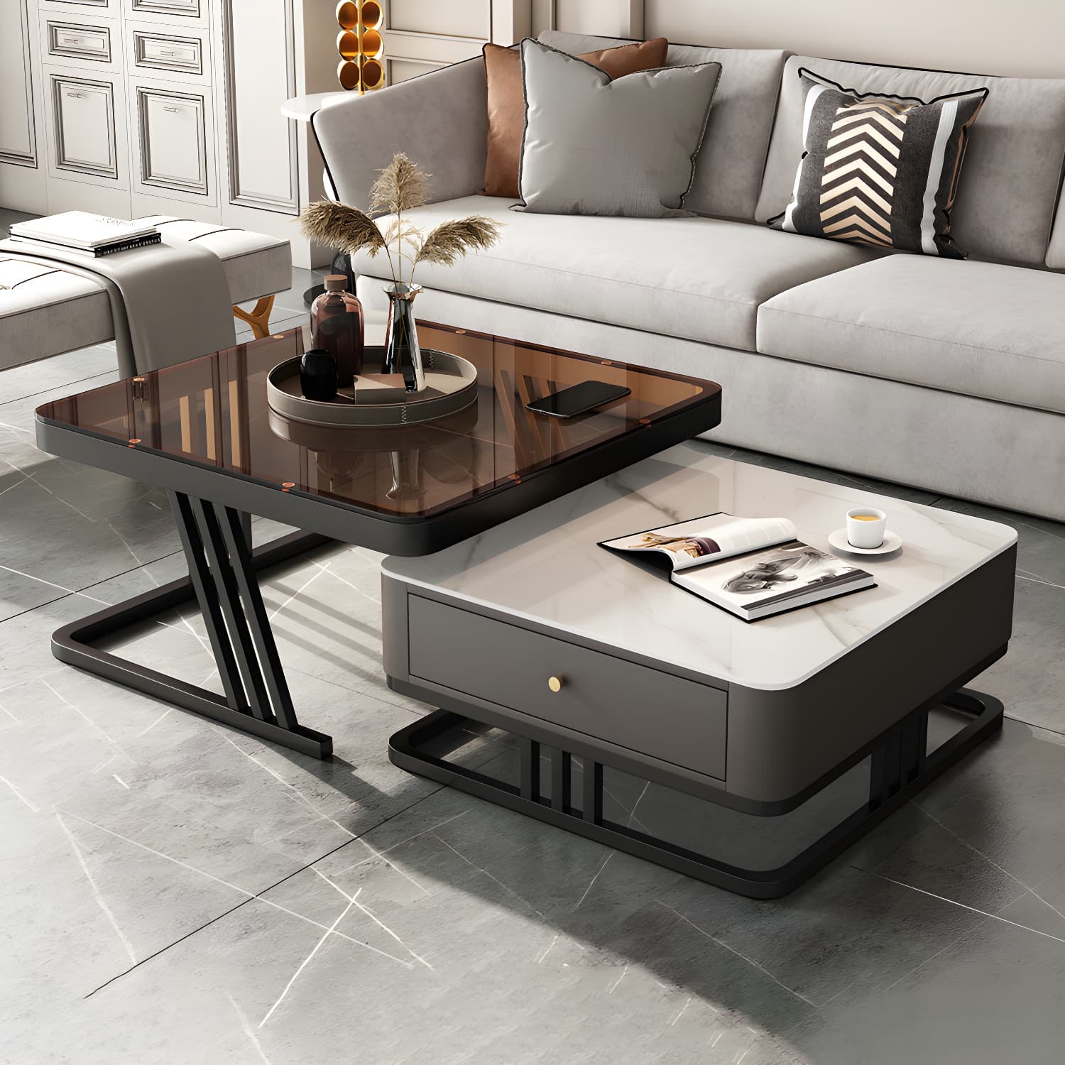 Modern Round Glass / Slate Cocktail Table Steel Frame Coffee Table with Drawer - image 5