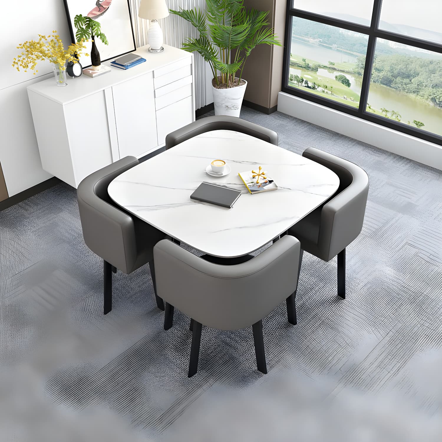 5 Piece Square Shape Sintered Stone Top Dining Room Table Set