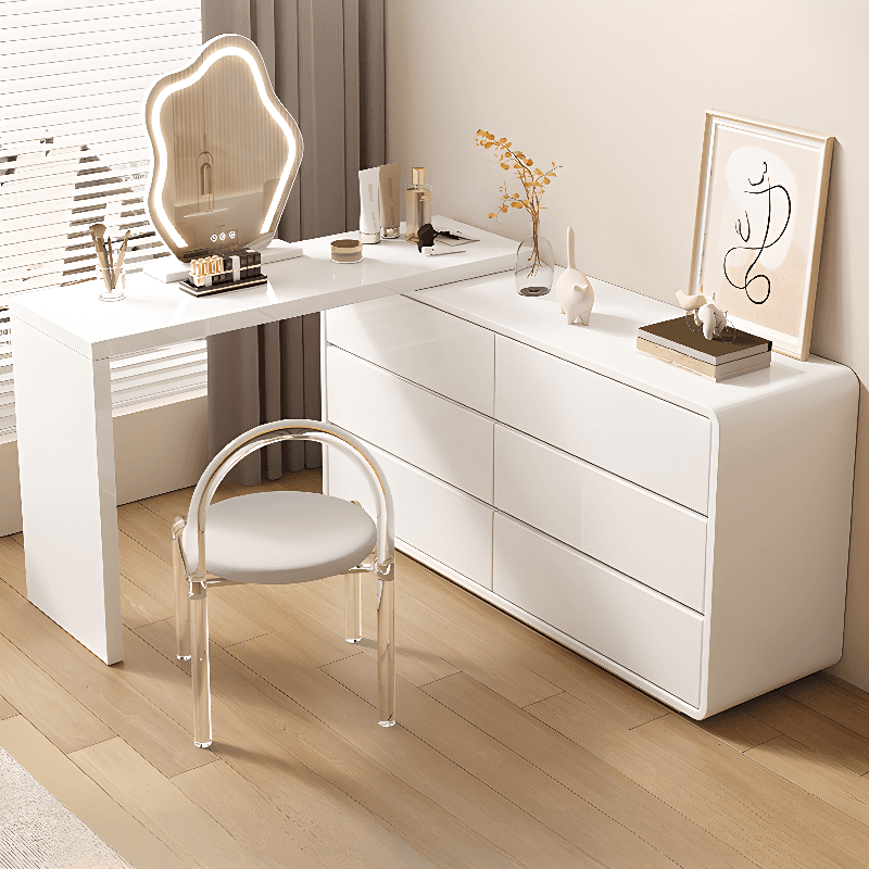 Large White/Transparent Vanity Set with 6 Drawers, Polymer/Lumber Frame, Lighted Mirror, and Scalable Chair