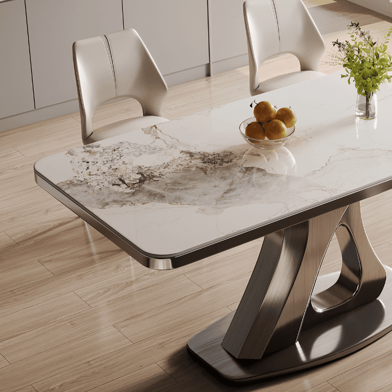 Dining Table Set with Slate Stone Top, Stump Base, Fixed Table, Padded Chair with Back in White - image 7