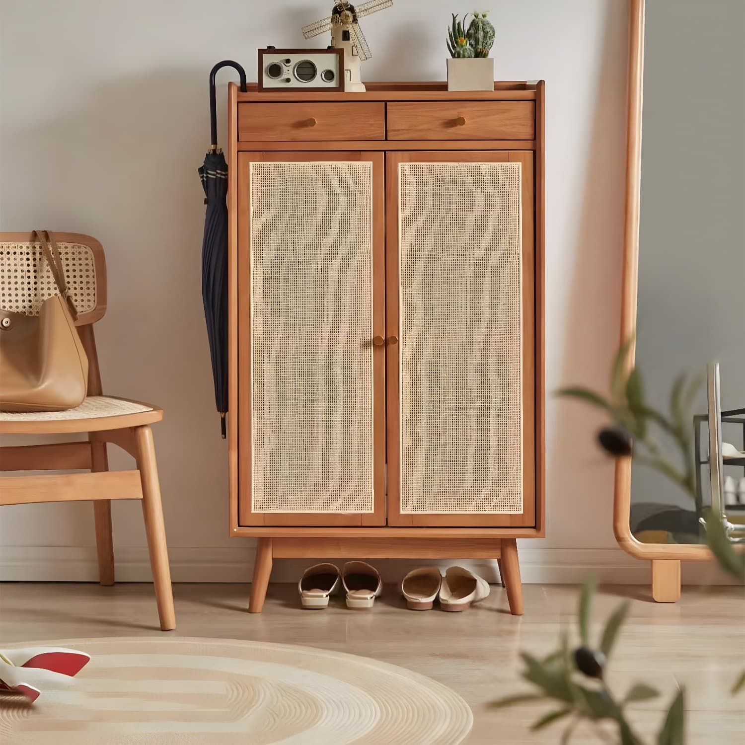 Mid-Century Modern Rectangle Storage Cabinet Natural Finish Accent Cabinet