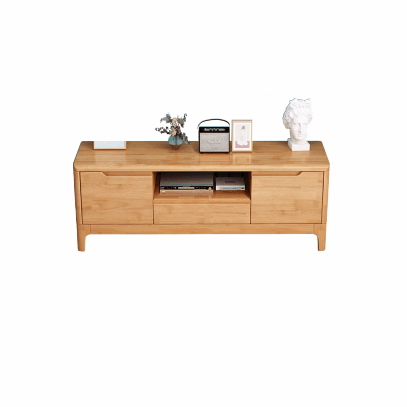 Art Deco Natural Wood TV Stand with 2 Drawers, 2 Cabinets, and Visible Storage