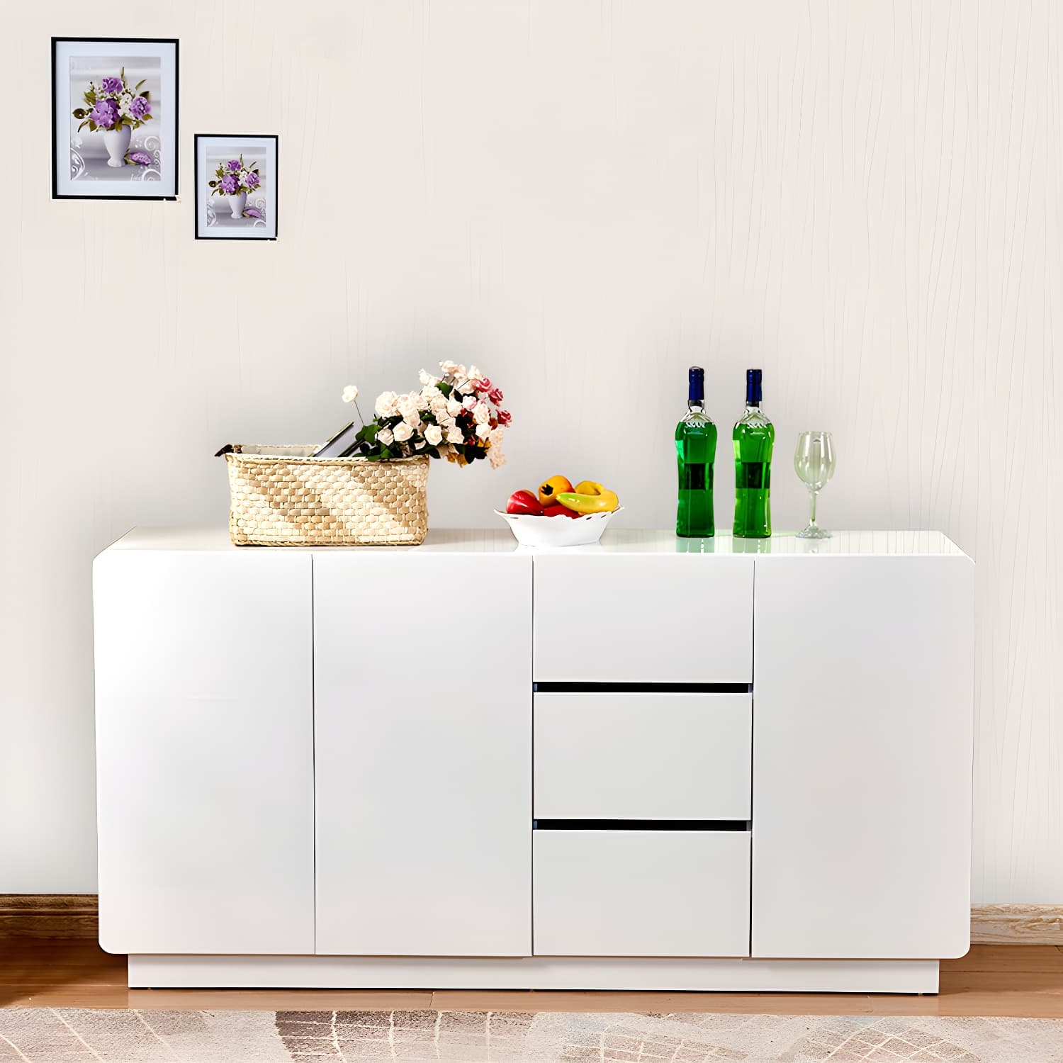 Contemporary White Sideboard Table with Drawers and Adjustable Shelving