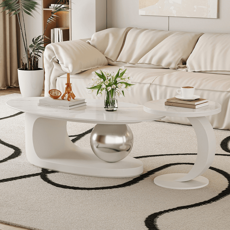 Luxurious 1 Tier Stone Top Elliptical Side Table with Abstract Base in Chalk for Home - image 4