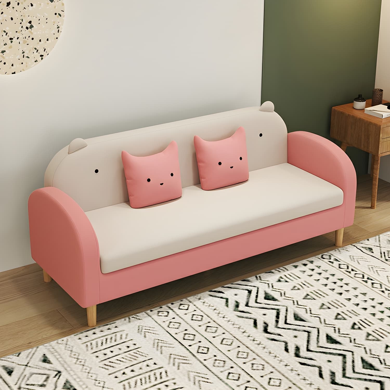 Art Deco Natural Wood Finish Framed Sofa Couch with Recessed Arm, Slipcover and 2 Pillows - image 19