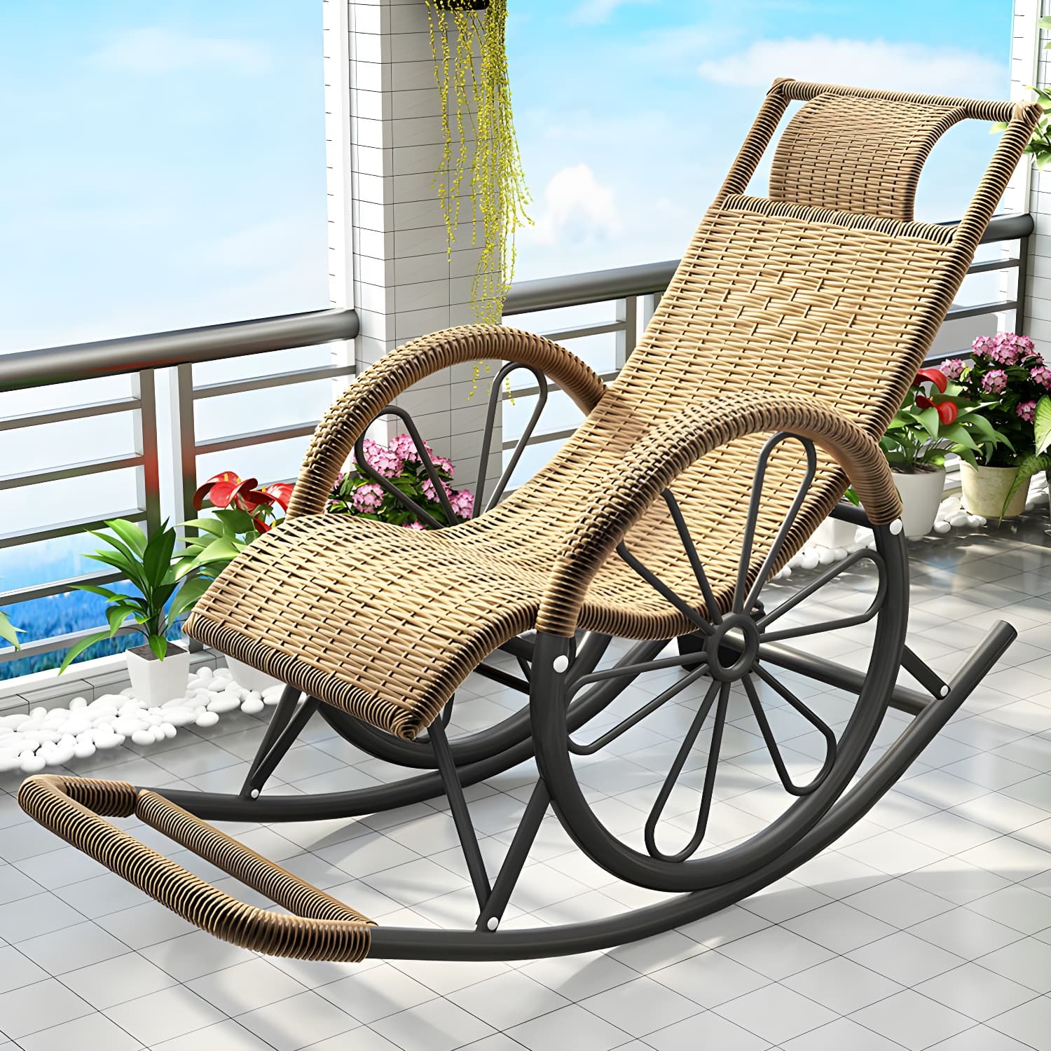 Modern Spindle Rattan Rocking Chair Metal Frame Wheel Handrail Design Rocker Chair