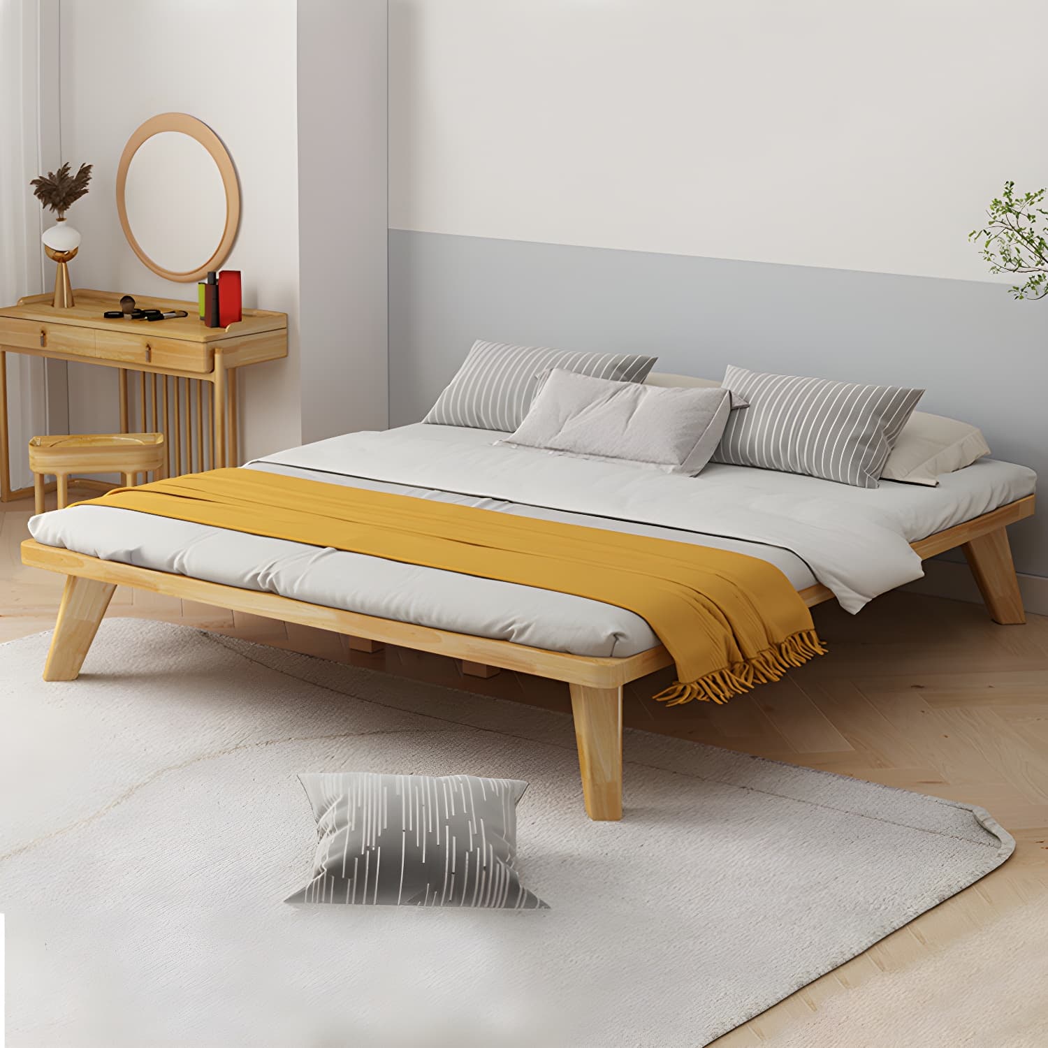 Scandinavian Solid Wood Platform Bed 13.39" High Natural Bed Frame Set