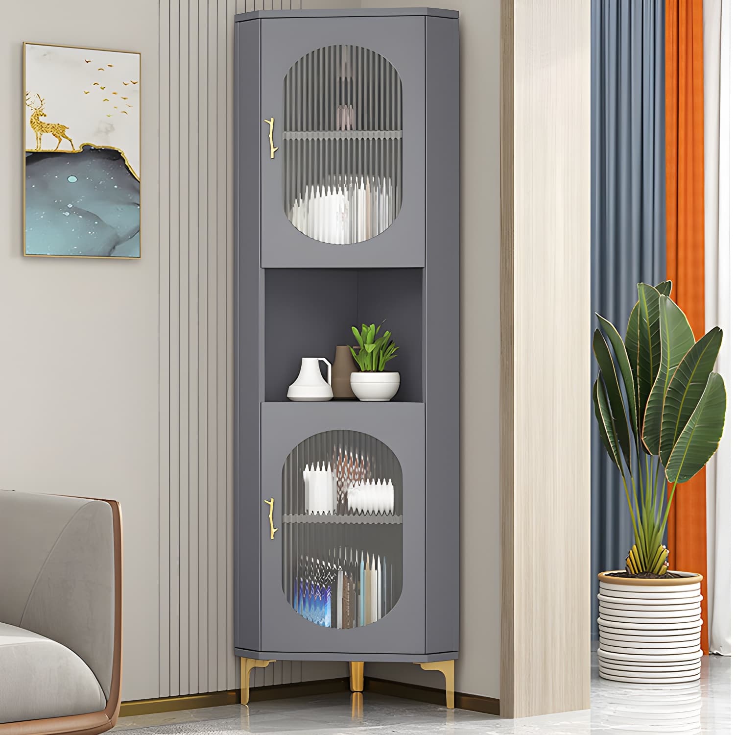Corner Glam Accent Cabinet with Metal Base and Glass Doors, 4 Interior Shelves, and 1 Exterior Shelf