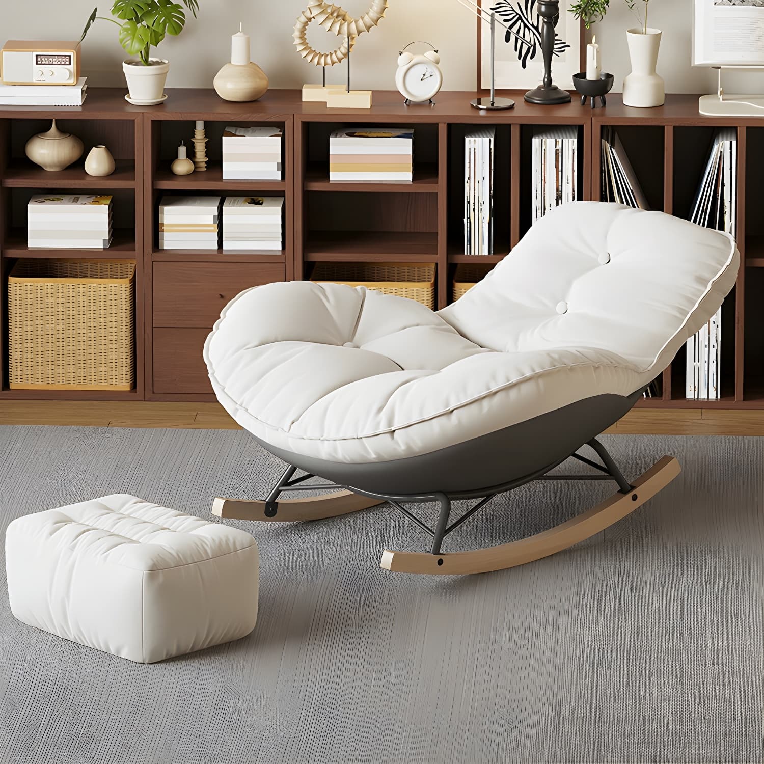 Contemporary Upholstered Rocking Chair with White Tufted Flannel Cushion and Solid Wood Legs - image 16