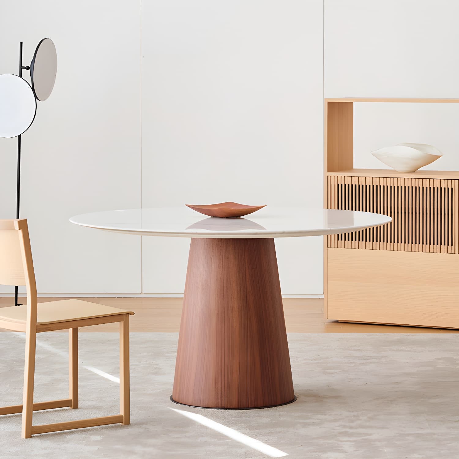 Modern Round Dining Table White Stone Tabletop with Wood Pedestal Base - image 3