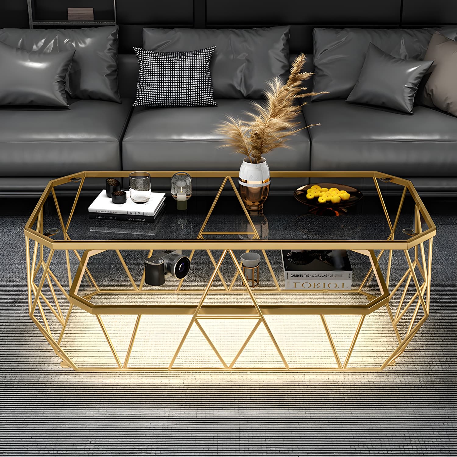 Octagon Glass Glam Coffee Table with Gold Iron Frame and Tempered Glass Top - image 8