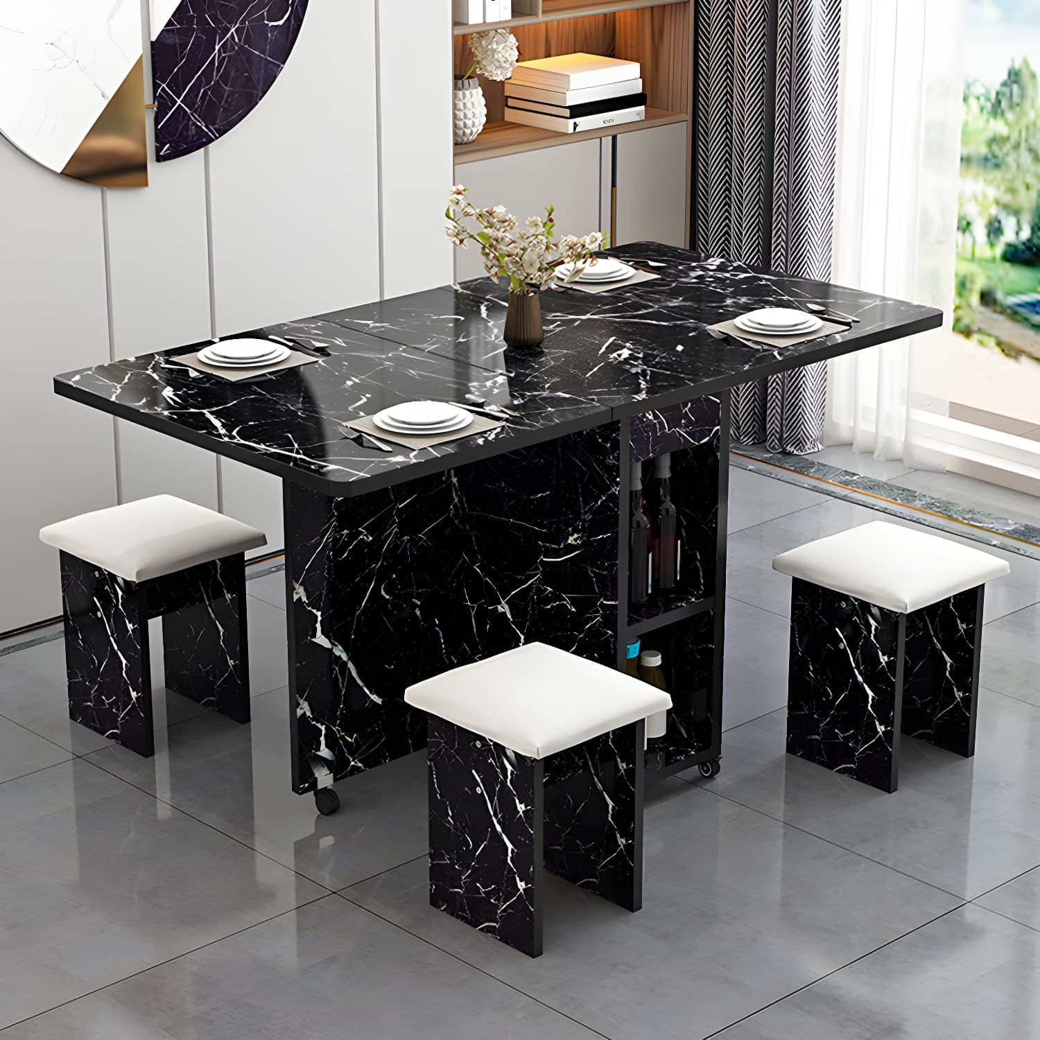 5-Piece Modern Wood Dining Set with Rectangle Table and White Backless Stools