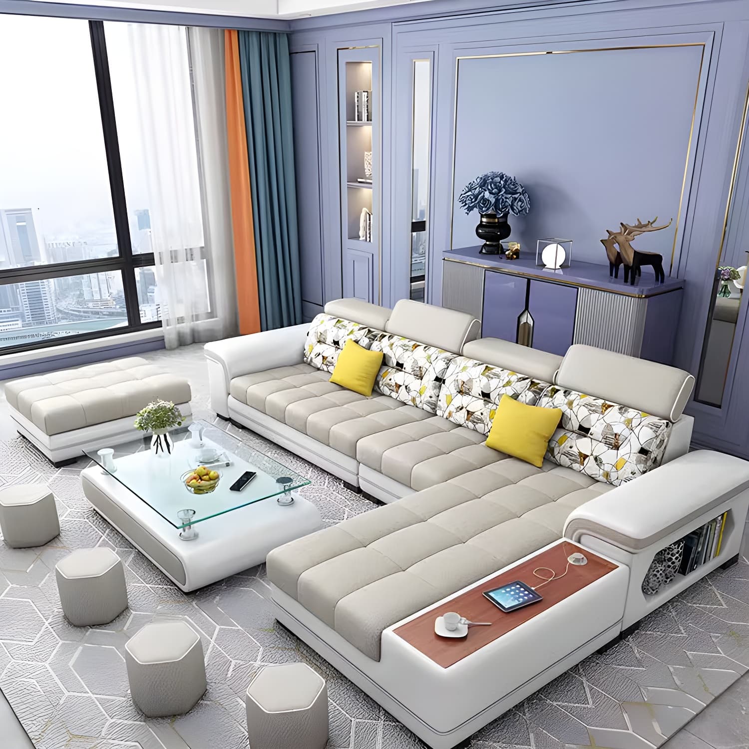 Modern Beige Sectional Sofa with Wood Frame, Pillow Back & Slipcover, Storage Included with Shelves - image 4