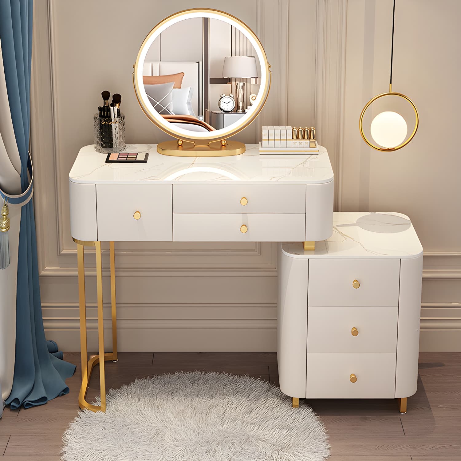 Solid Wood Makeup Vanity Desk Storage Dressing Table Stool Set with Drawer - image 12