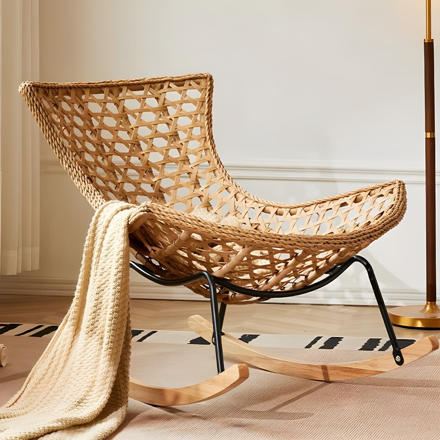 Traditional Armless Design Indoor Rocking Chair with rattan Frame and Nature Wood Legs - image 9