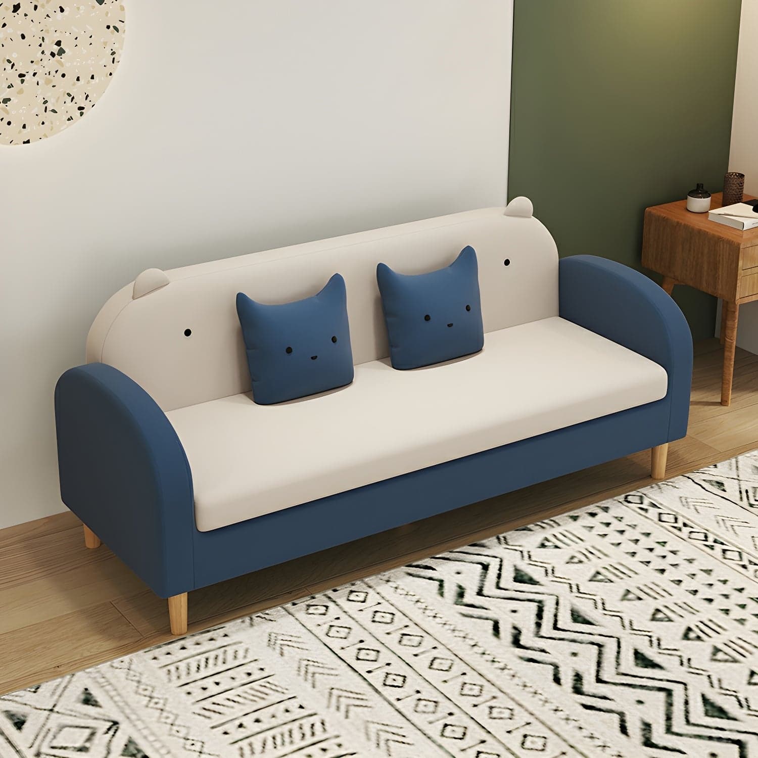 Art Deco Natural Wood Finish Framed Sofa Couch with Recessed Arm, Slipcover and 2 Pillows - image 6