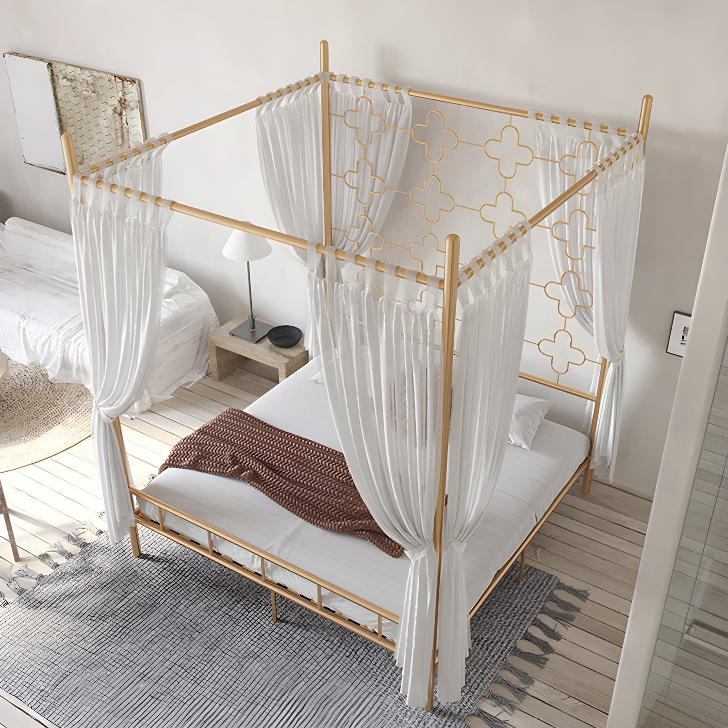 Metal Four Poster Bed with Open-Frame Headboard, Glam Standard Bed - image 6