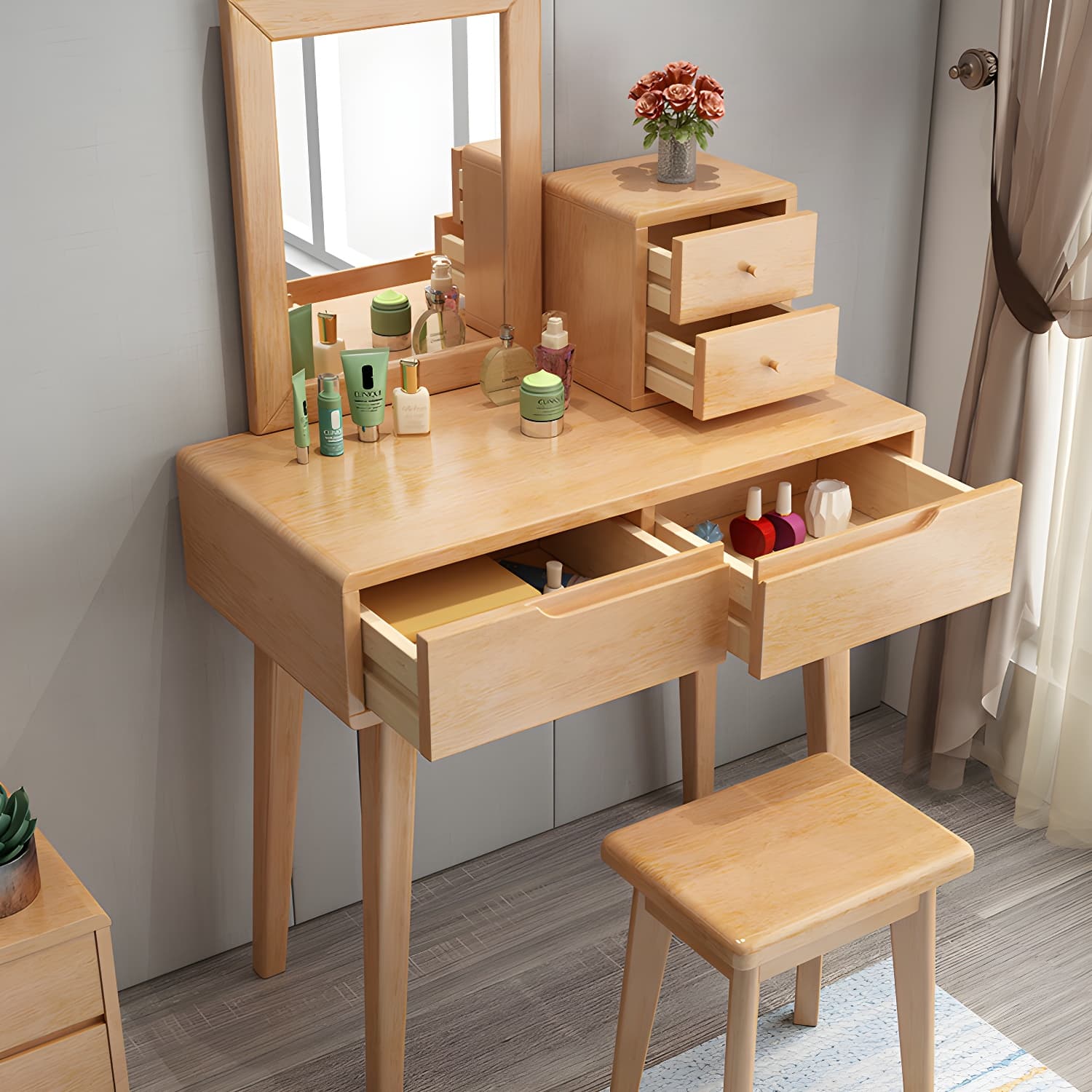 Contemporary Solid Wood Makeup Table Vanity Stool with Drawers - image 14