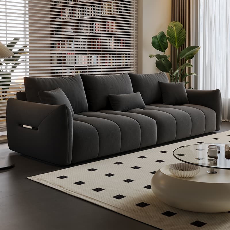 Modish Solid Color Scratch-durable Standard Sofa in Midnight Black/Mocha/Off-White, Seats 3 with 3 Pillows